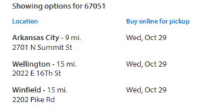 Walmart in store pick up dates