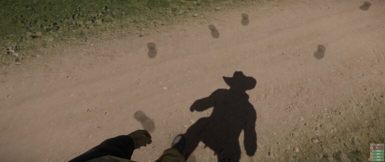 Foot prints match your steps, whether you side step, walk backwards, or what. Also a glimpse at the nice lighting and shadows in the game.